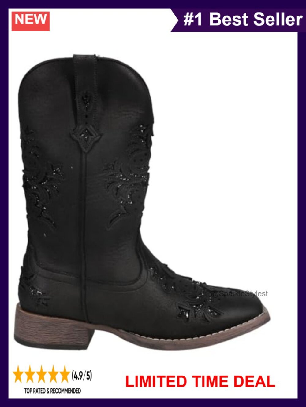 Faux Leather Western Boots Pull On Square Toe Mid Calf Casual